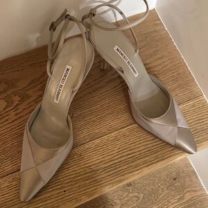 Manolo Blahnik Two tone silk  Satin Heels with double ankle strap